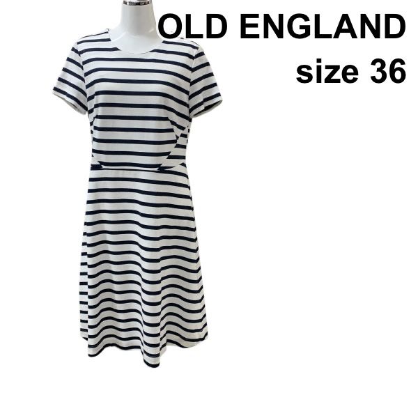 □ オールドイングランド OLD ENGLAND フレアワンピース 半袖 ミモレ丈 ボーダー柄 ネイビー 白 コットン 36 S 7号 レディース Z6C301