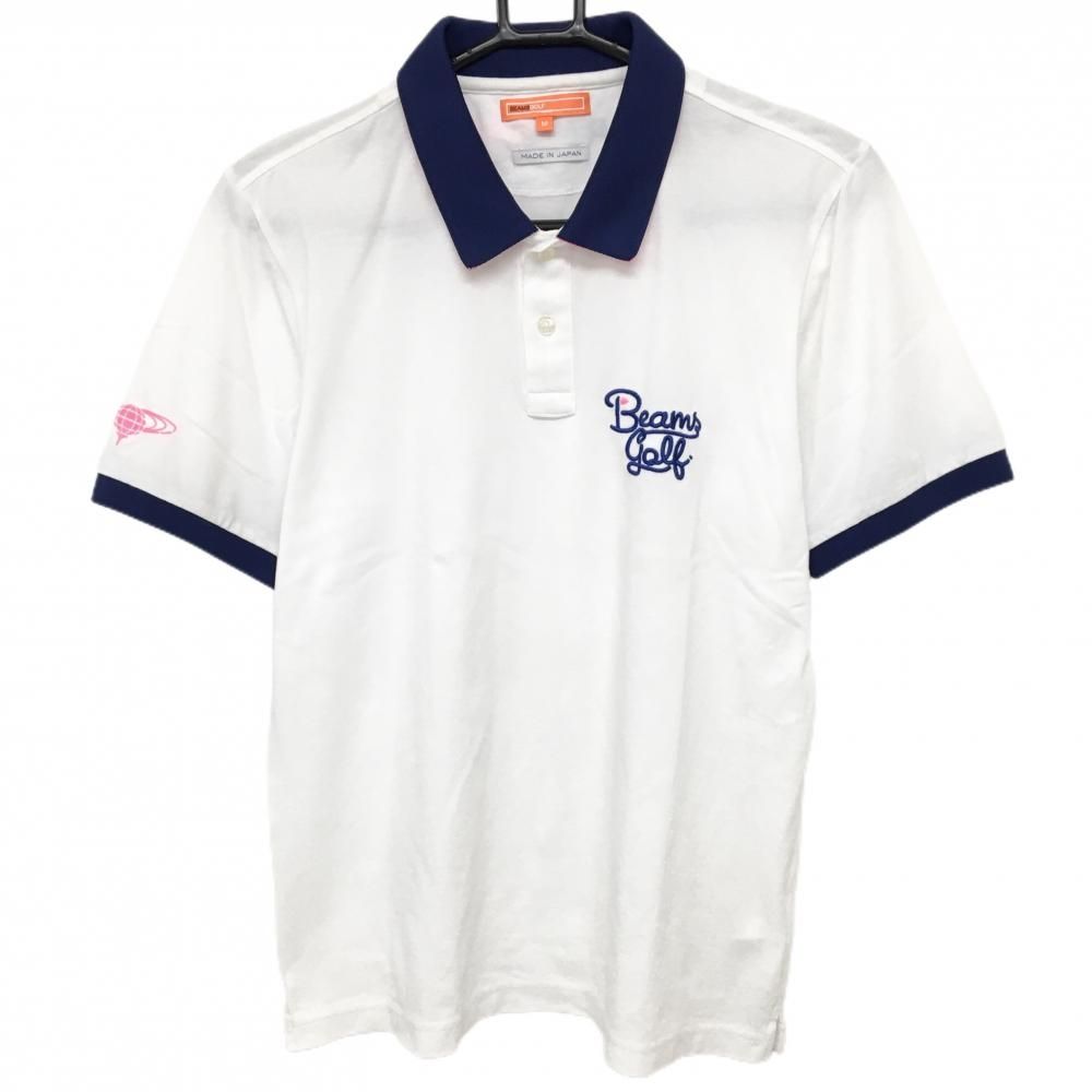【美品】ビームスゴルフ 半袖ポロシャツ 白×ネイビー ロゴ刺しゅう 日本製 メンズ M ゴルフウェア BEAMS GOLF