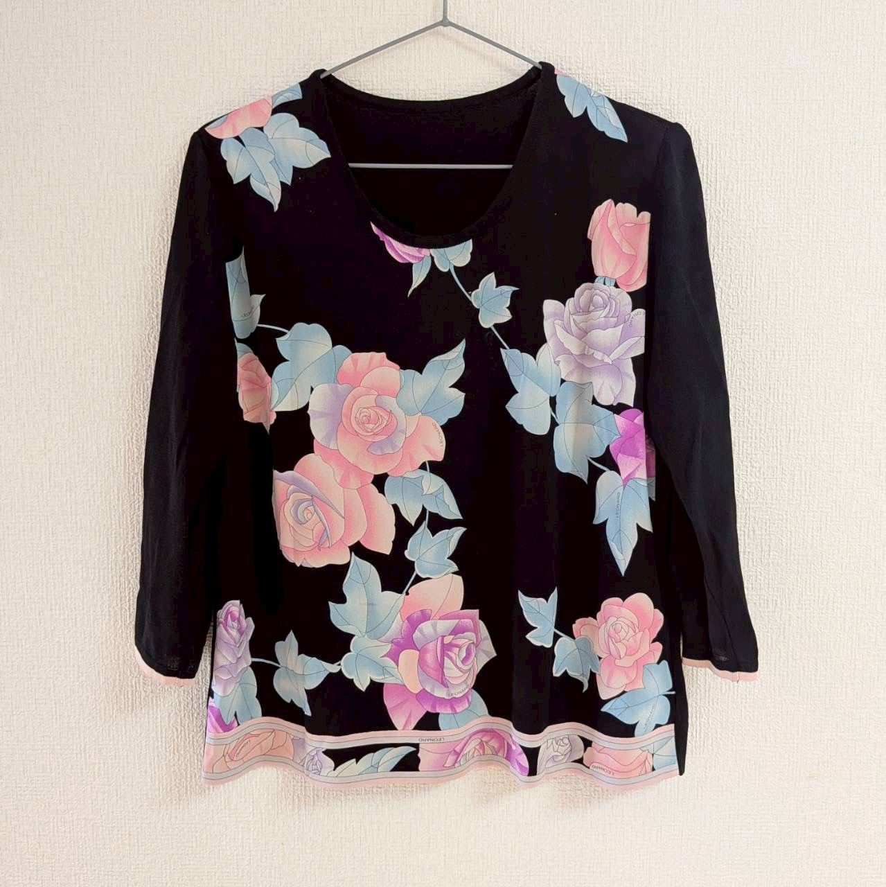 【良品】LEONARD FASHION レオナールファッション 花柄 フラワープリント 七分袖 カットソー 42 ブラック