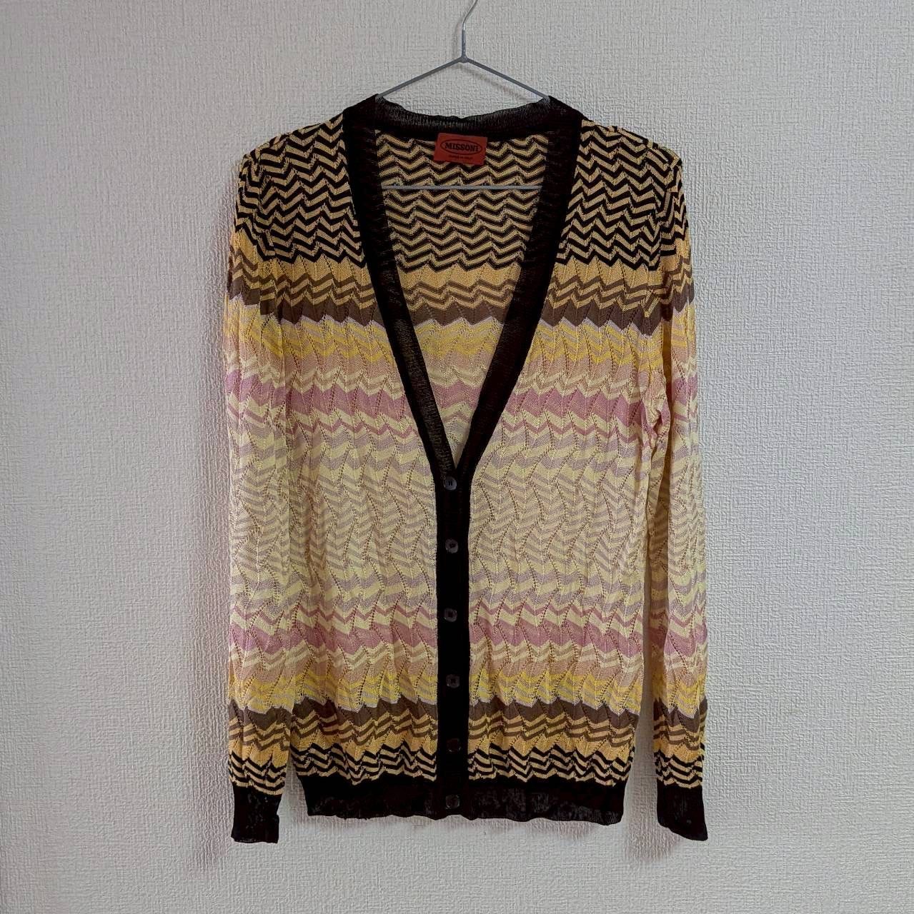 【美品】ミッソーニ MISSONI ジグザグ柄 シルク混 ニット カーディガン 44 ベージュ系 イタリア製