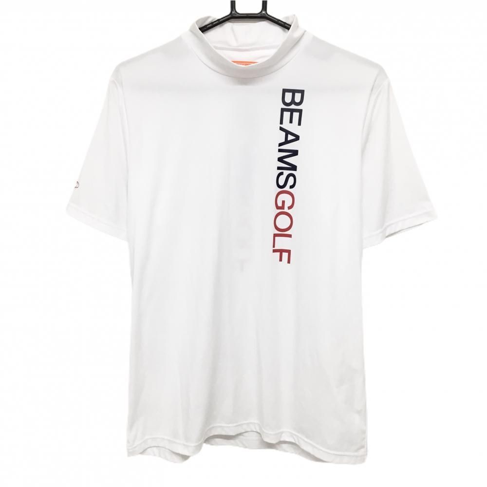 【超美品】ビームスゴルフ 半袖ハイネックシャツ 白×ネイビー ロゴプリント 日本製 メンズ M ゴルフウェア BEAMS GOLF
