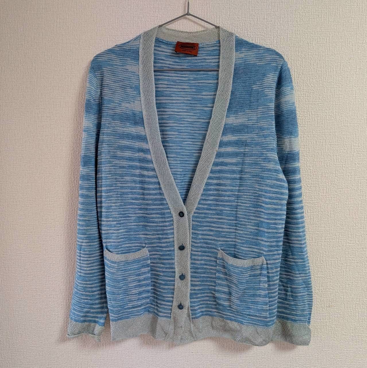 ミッソーニ MISSONI ボーダー柄 ニットカーディガン ブルー系 メッシュ切替 イタリア製 46