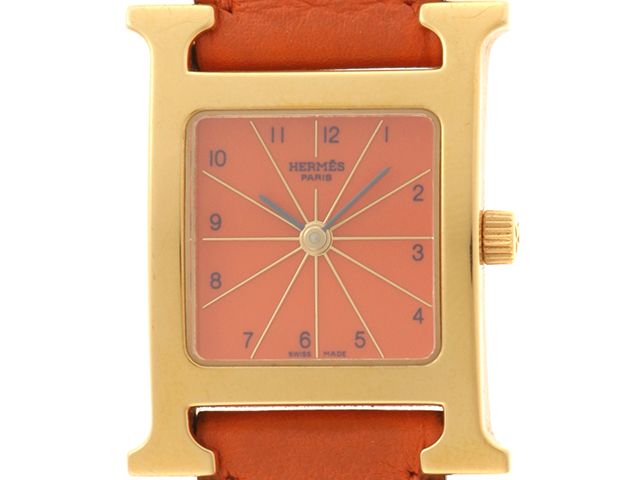 HERMES エルメス ウォッチ Hウォッチ【205】 時計 HH1.201 腕時計 レザー/GP GP オレンジ クオーツ オレンジ文字盤 レディース【中古】