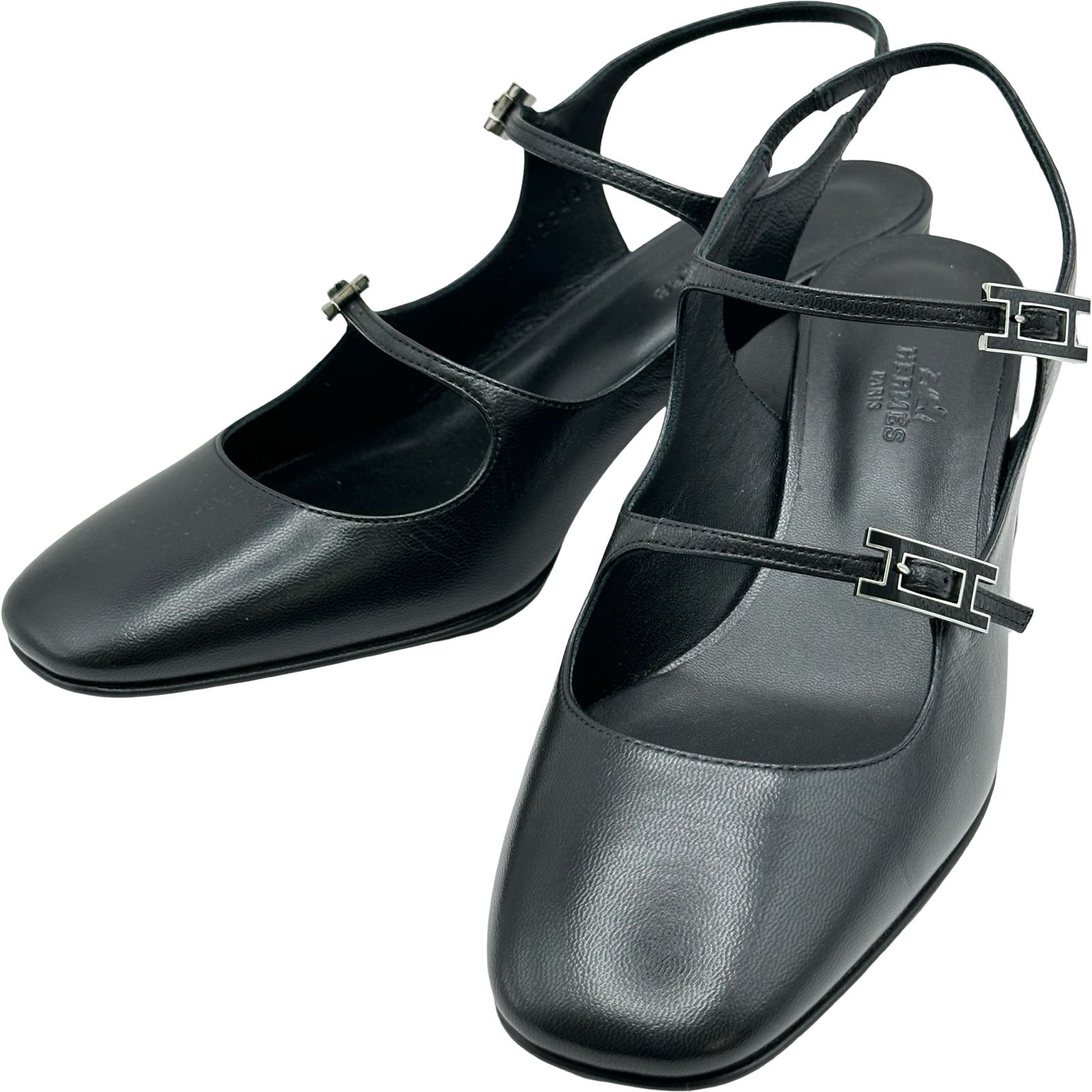エルメス HERMES ジャッキー50 スリングバックパンプス ブラック レザー レディース パンプス