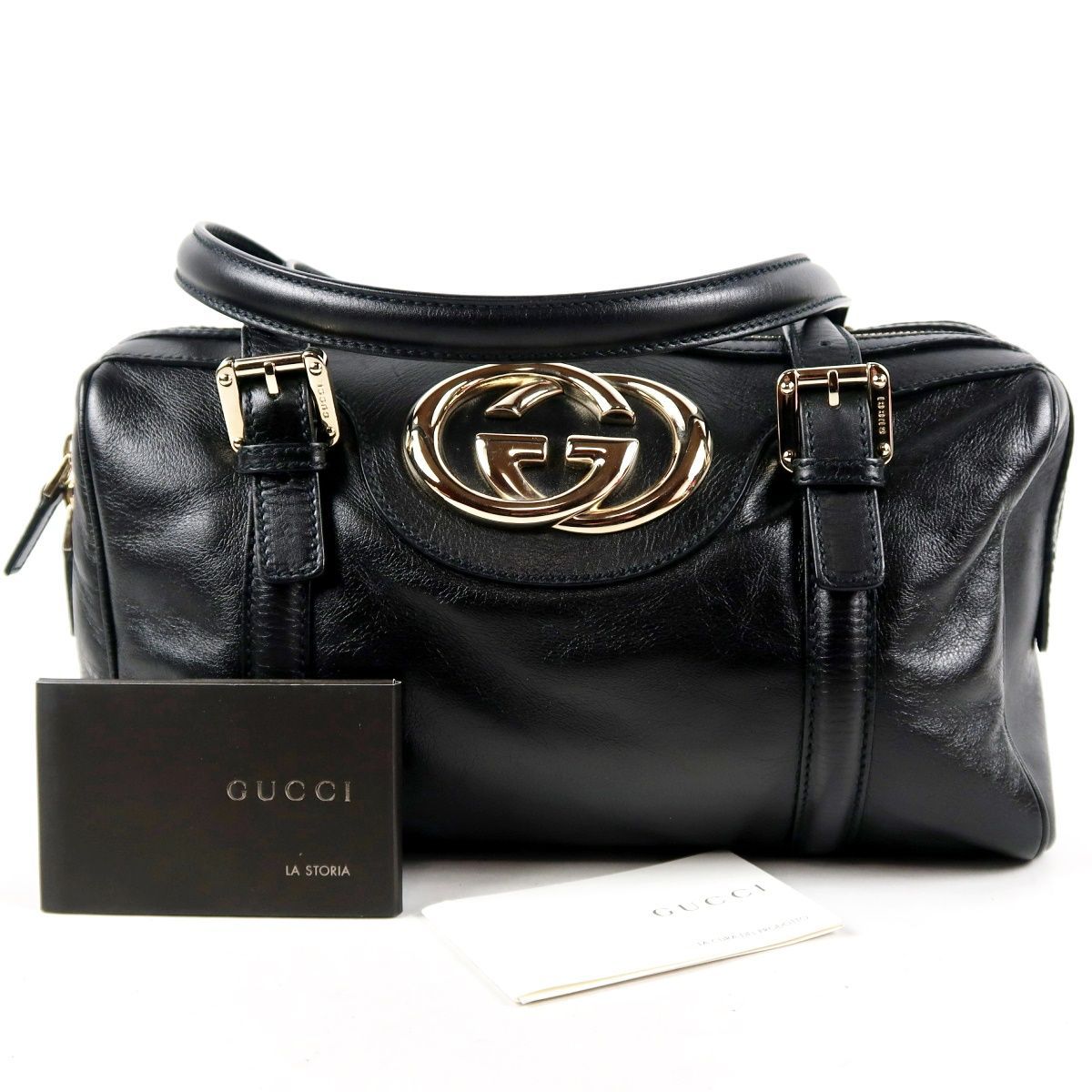 【超美品】GUCCI グッチ イタリア製 GG金具 インターロッキング ハンドバッグ ブラック×ゴールド金具 レザー 170009【UU75】