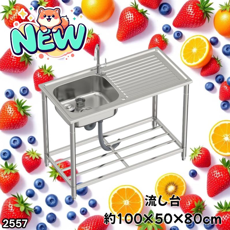 #2557 ステンレス製 流し台 作業台付き シンク 蛇口付き 付属品セット サイズ 約100×50×80cm RC-C1000 ※北海道、沖縄本島、沖縄の離島、その他離島へは別途配送料有り