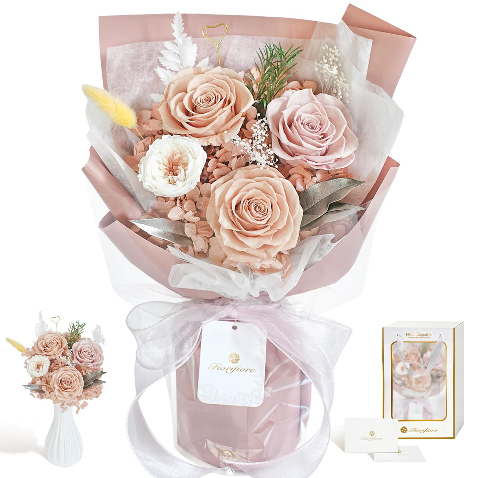Fiorifiore 母の日 プリザーブドフラワー ブーケ 4輪 薔薇花束 自立式 ギフトボックス付き 誕生日 結婚祝い プレゼントに最適 インテリアドライフラワー Breevia/ a2390e2e