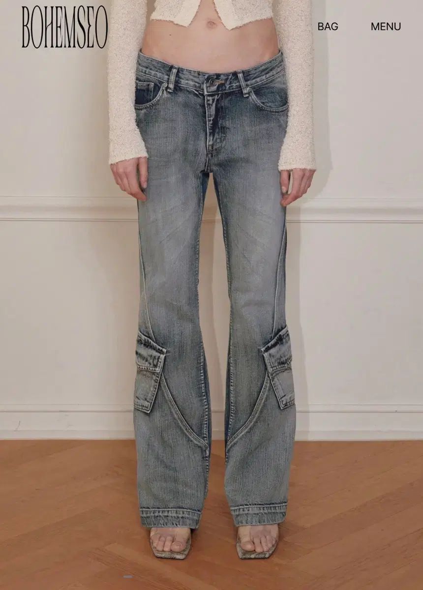 BOHEMSEO ウォッシュド ブルー カーゴ ブーツカット ブルー パンツ S