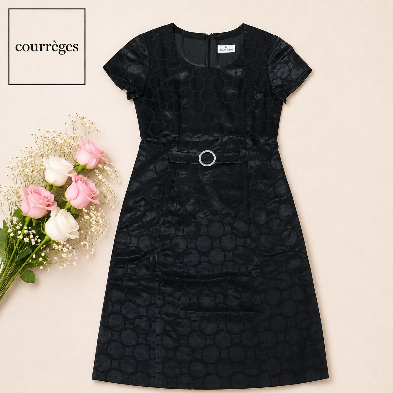 【Courreges】 ワンピース courreges クレージュ♡ドット柄 半袖ワンピース ブラック 38 日本製