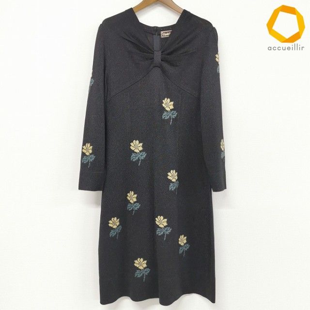 #anc サイトウトヨコ 斉藤都世子 ワンピース ニット 長袖 ロング 花柄 バックジップ 黒 タグ付き 美品 レディース [1000837]