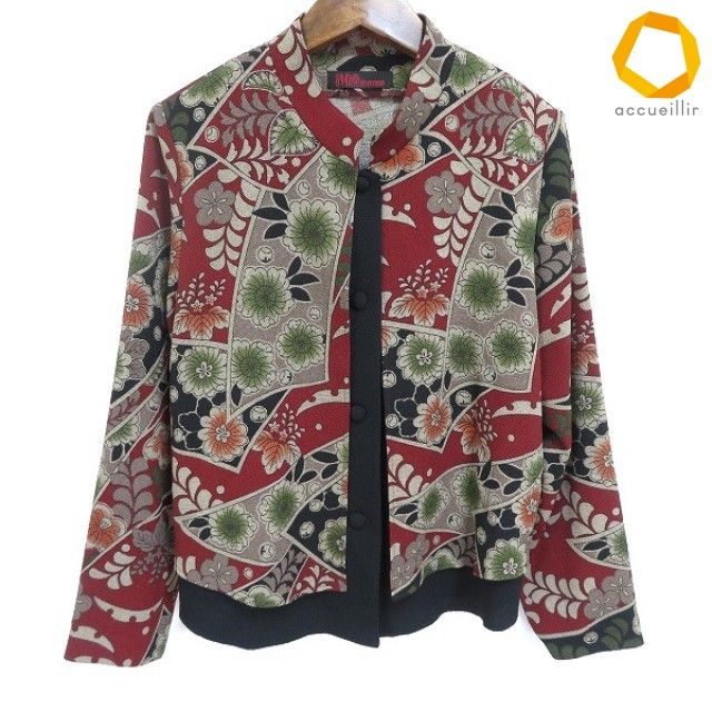 #a 詩仙堂 ヒトシタムラ ジャケット 赤 黒 グレー 花柄 和柄 カーディガン ニ枚重ね スタンドカラー ちりめん 日本製 [970073] k01