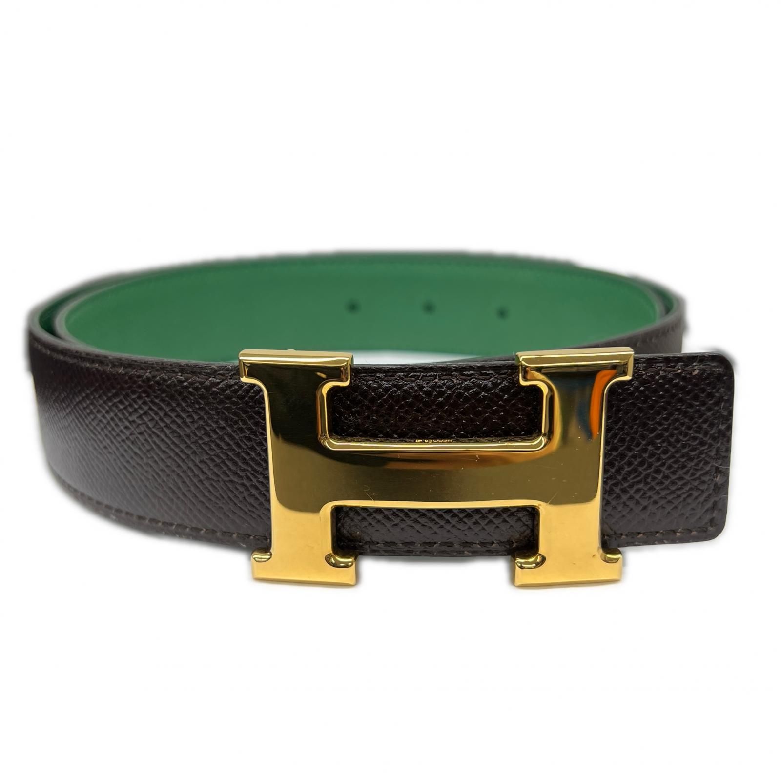 HERMES 希少カラー 極美品 エルメス コンスタンス Hベルト リバーシブル 〇Z刻印 1996年 グリーン ブラウン ゴールド金具 #75 箱付属 プレゼント ギフト Aランク 中古 鑑定済 エルメスベルト