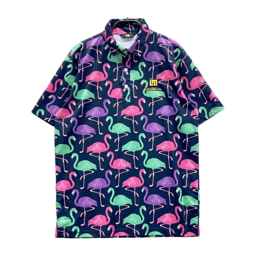 サイズ：L LOUD MOUTH ラウドマウス  半袖ポロシャツ Wild Flamingos フラミンゴ柄 ネイビー系 [240101671665] ゴルフウェア メンズ ストスト サイズ：L LOUD MOUTH ラウドマウス 半袖ポロシャツ Wild Flamingos