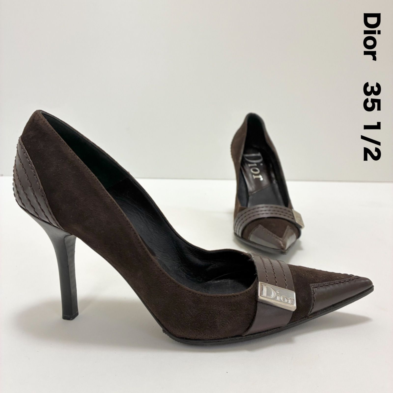 Christian Dior クリスチャンディオール ロゴ金具 スエード×レザー ポインテッドトゥ パンプス 35.5 ジョンガリアーノ