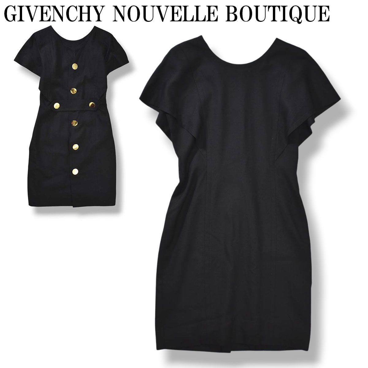 【希少】 80s90s ジバンシー GIVENCHY NOUVELLE BOUTIQUE バック ゴールドボタン ノースリーブ レーヨン ワンピース ドレス ケープデザイン 8 ブラック レディース ♪