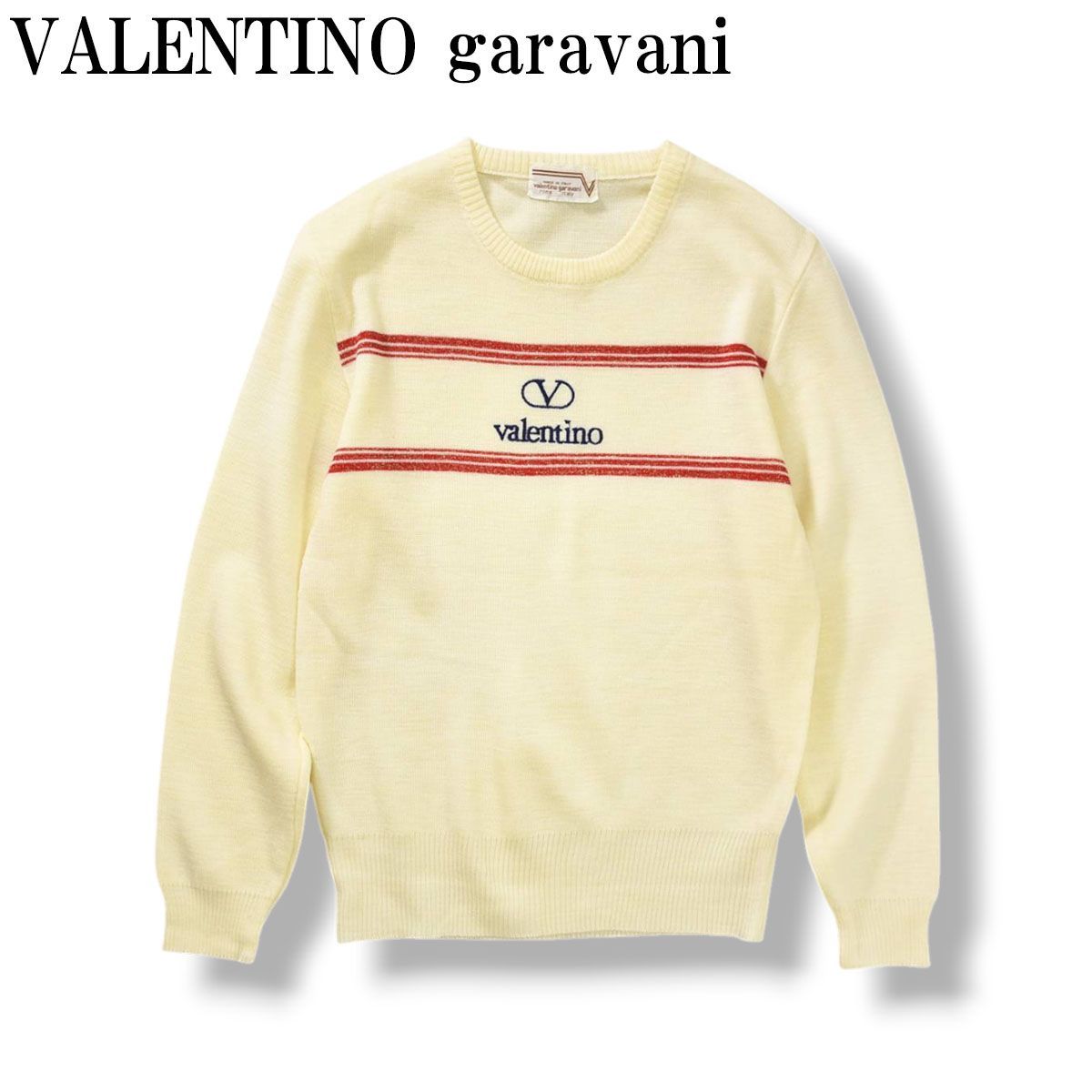 【最初期タグ】 70s80s イタリア製 ヴァレンティノ ガラヴァーニ VALENTINO garavani 刺繍ロゴ クルーネック ニット セーター デザイナーズ アーカイブ アイボリー レディース ♪