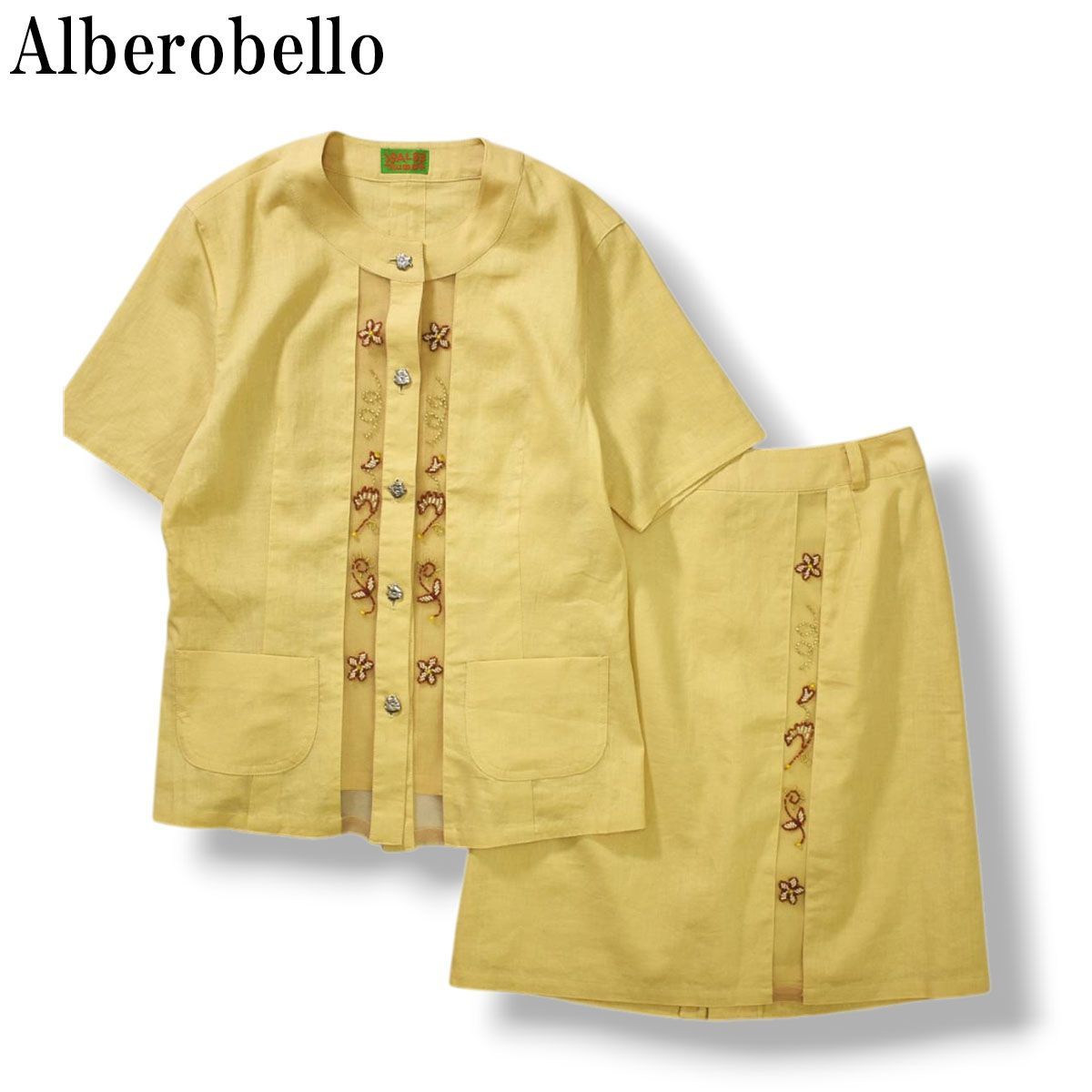 オレボレブラ OLLEBOREBLA アルベロベロ Alberobello コットン リネン ビーズ装飾 アニマル メタルボタン スカート セットアップ スーツ 半袖 ジャケット ベージュ レディース ♪
