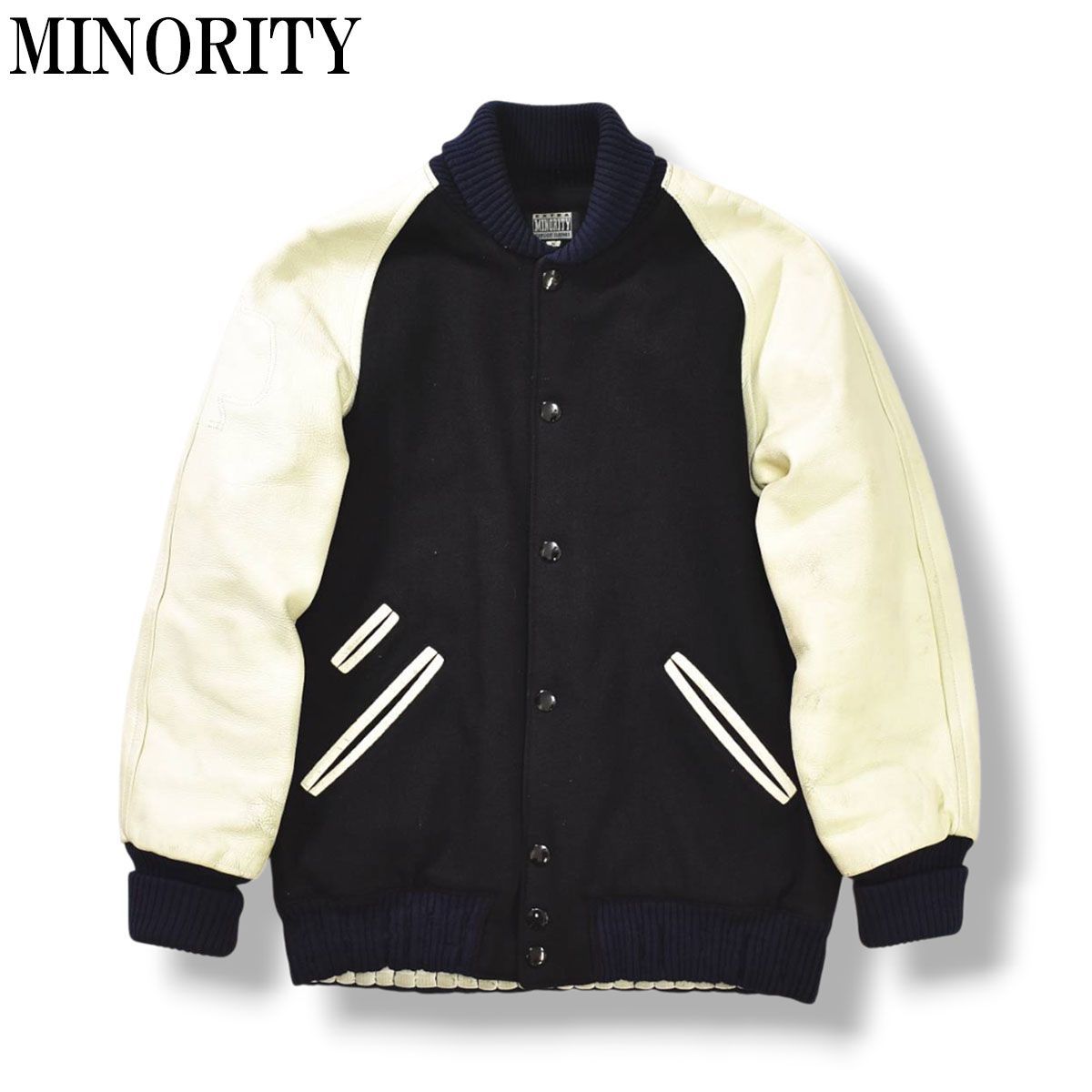 【希少】 90sヴィンテージ マイノリティ MINORITY 袖レザー メルトンウール スタジャン 牛革 裏地キルティング 裏原宿 一之瀬弘法 S ブラック x ホワイト メンズ