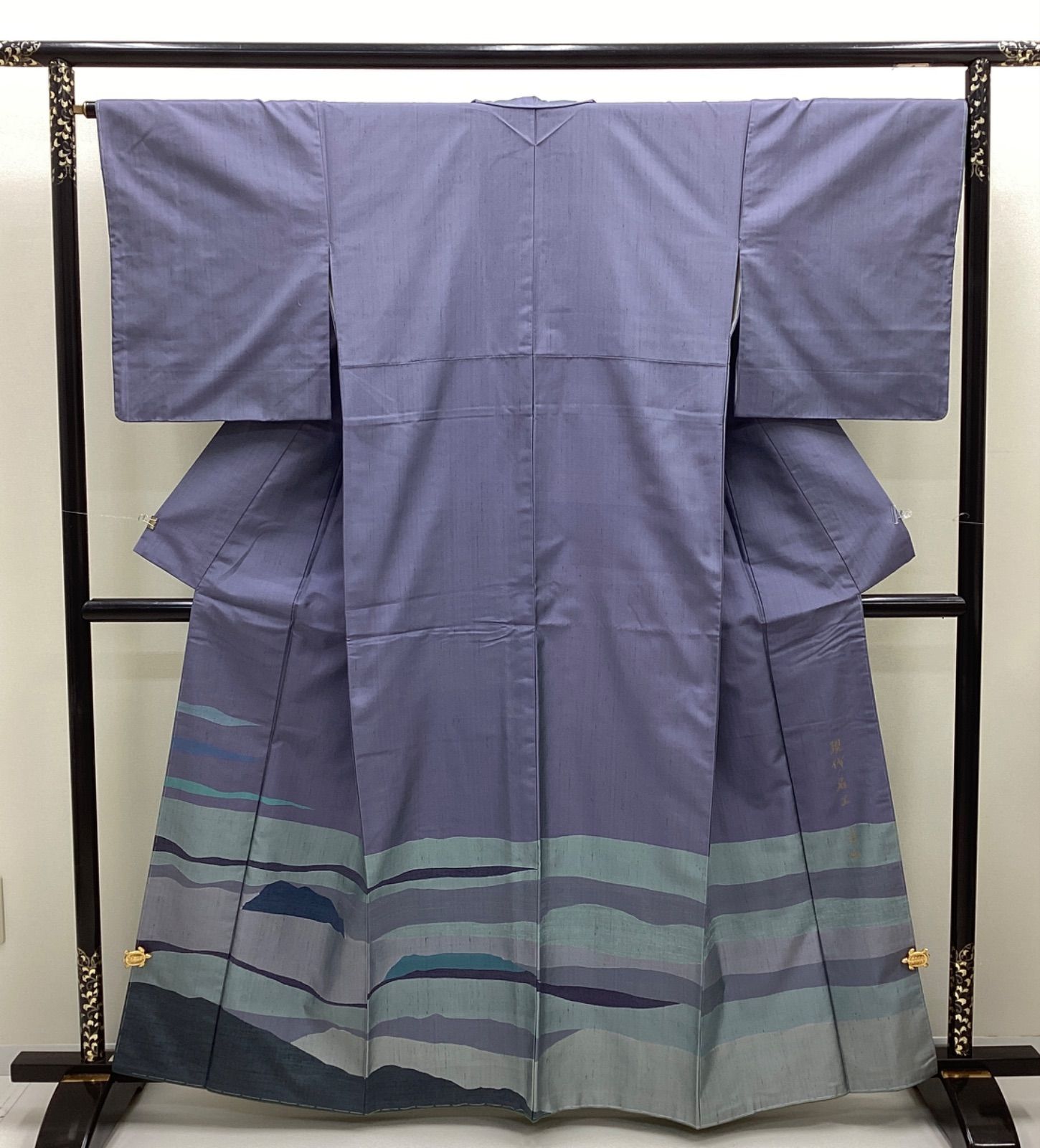 中古品　未使用　袷着物　紬付け下げ　玉虫織　落款　裄65.5　正絹　R956