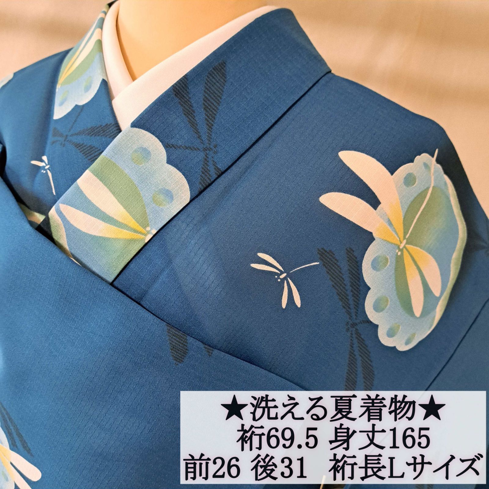 【洗える夏着物・小紋】裄長　LからLLサイズ相当の身幅　青系　トンボ　レトロかわいい　化繊　れ16M06a