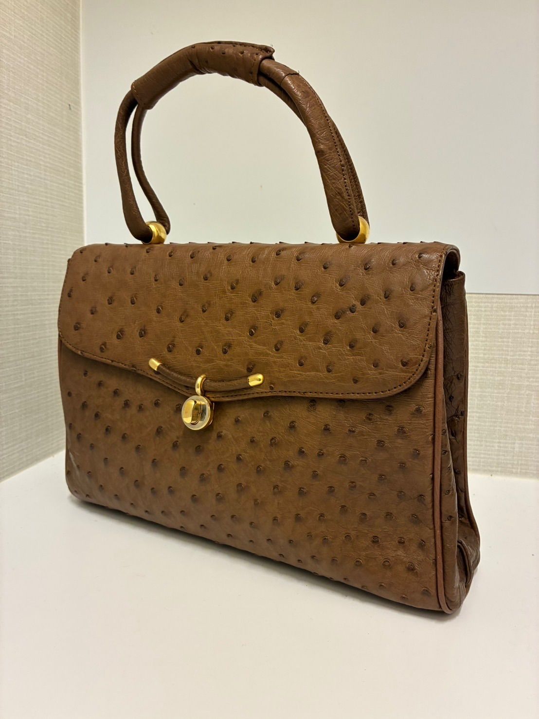 【中古品】 オーストリッチ レザー ターンロック ハンドバッグ 茶ブラウン 肩掛け 手提げ バッグかばん 現状品