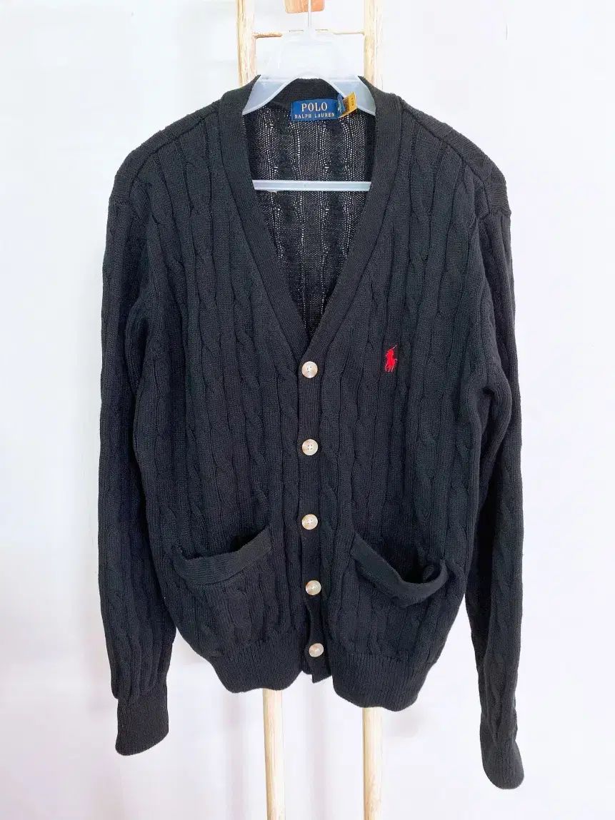 ヴィンテージ(M)POLO RALPH LAUREN(ポロラルフローレン) メンズ コットン ケーブル編み ポケット Vネック カーディガン