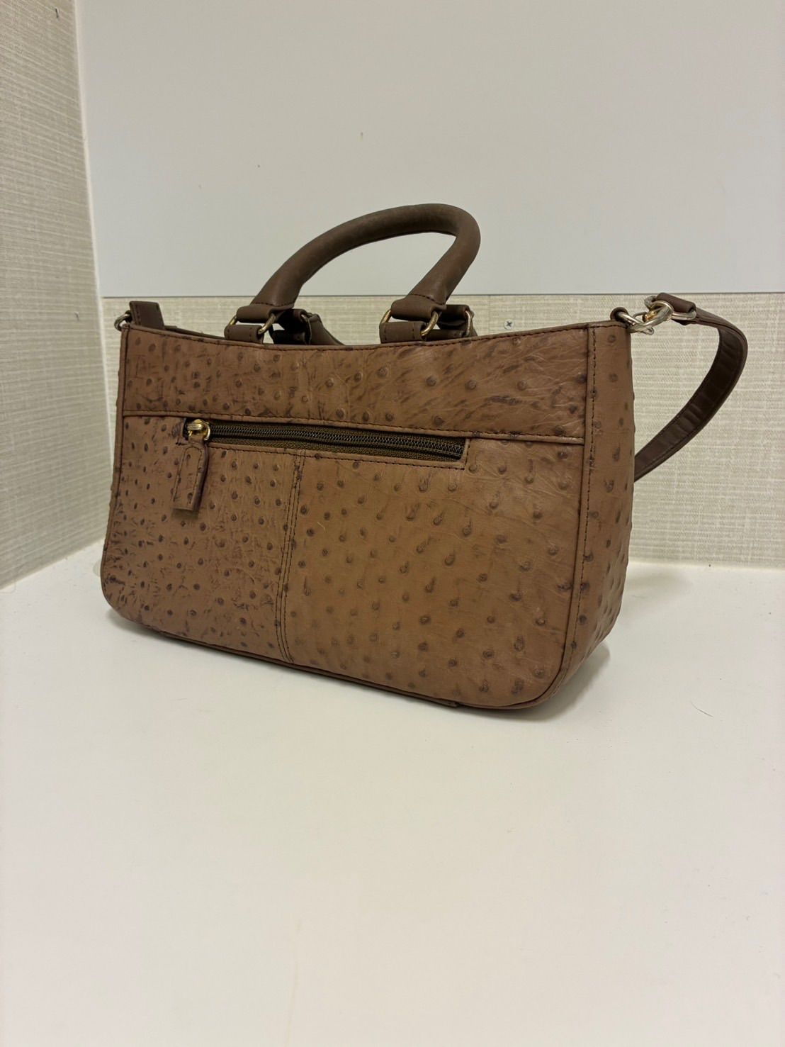 【中古品】 オーストリッチ レザー 2WAY ハンドバッグ ショルダーバッグ 茶ブラウン 肩掛け 手提げ バッグかばん 現状品