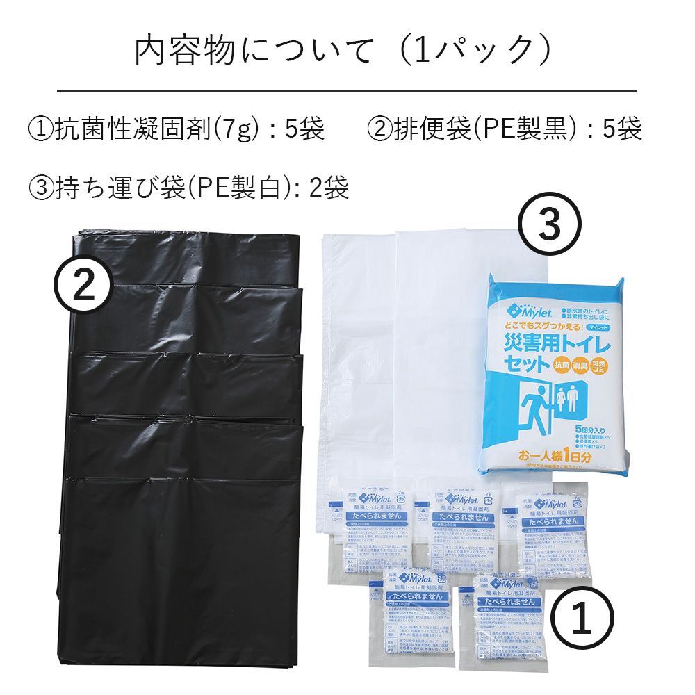 Mylet マイレット 災害用トイレセット P300 5回分 2パック 災害 緊急時 アウトドア 抗菌 消臭 水不要 防災グッズ 企業 防災 キャンプ 備蓄 簡易トイレ 携帯用 凝固剤
