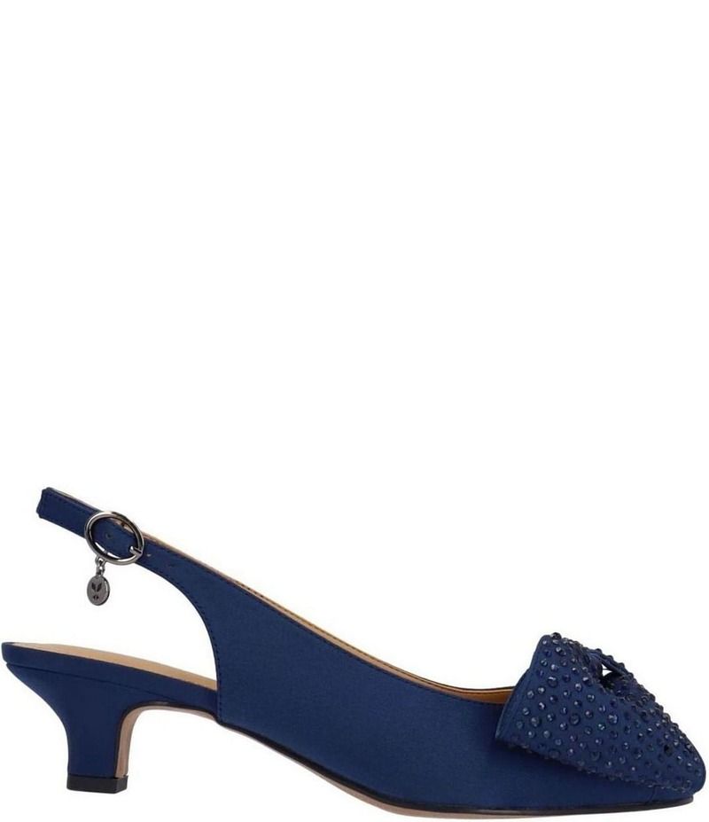 ジェイレニー レディース シューズ ヒール サテン J Renee Lirain Satin Embellished Bow Peep Toe Slingback Pumps Navy ネイビー