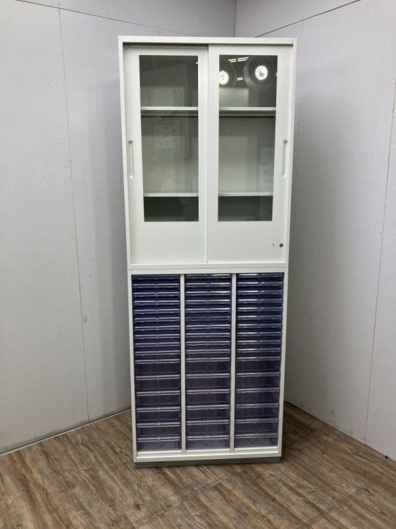 【中古品】プラス L6 クリアケース・ガラス引違い上下書庫 ホワイト