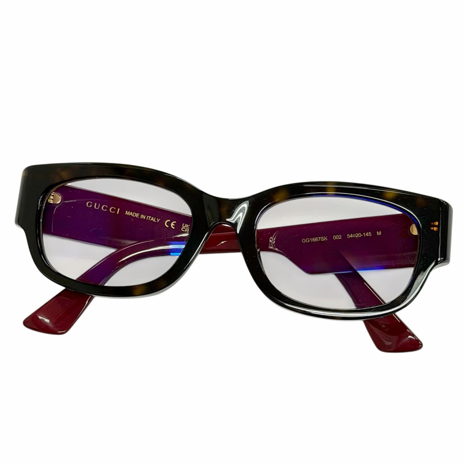 美品△GUCCI グッチ GG1667SK インターロッキングG スクエア メガネ 眼鏡 アイウェア ハバナ グリーン ボルドー 54□20 145 度入り 伊製