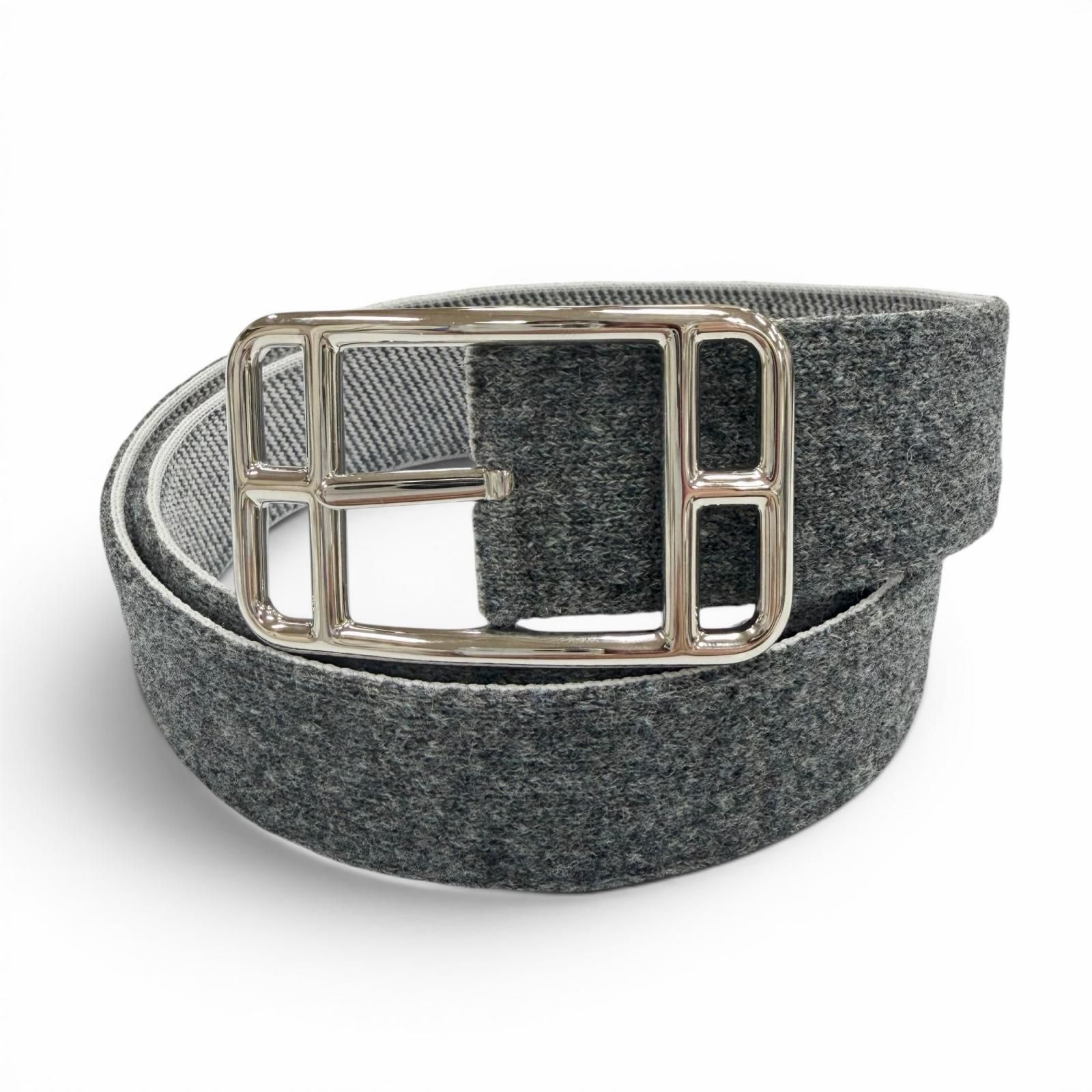 極美品▼HERMES エルメス ケープコッド 32mm ウーリー シルバー金具 ピンバックル ベルト グレー 85 イタリア製 メンズ