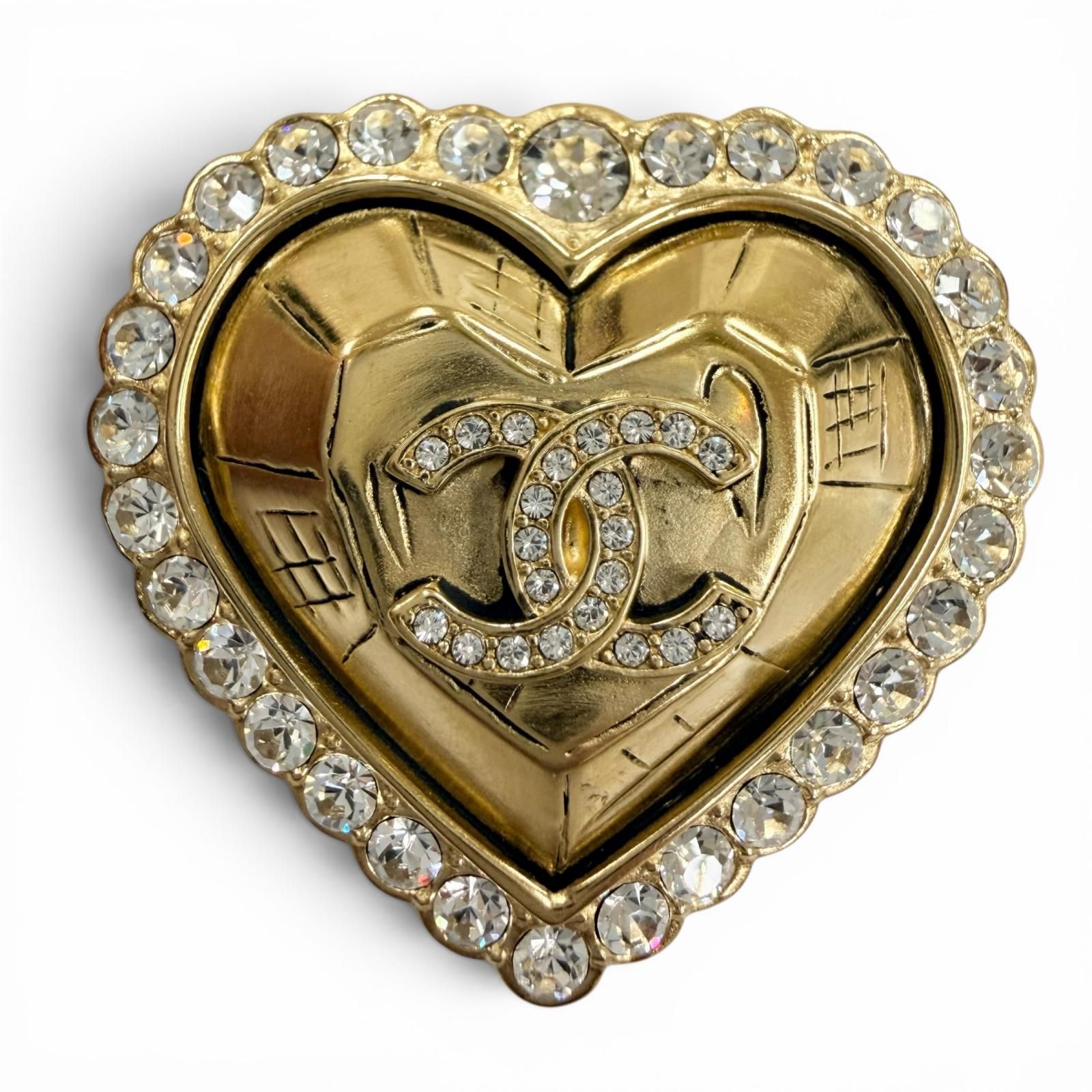 極美品☆CHANEL シャネル L25K ココマーク ハート ラインストーン ブローチ アクセサリー ゴールド フランス製 レディース 箱・保存袋付