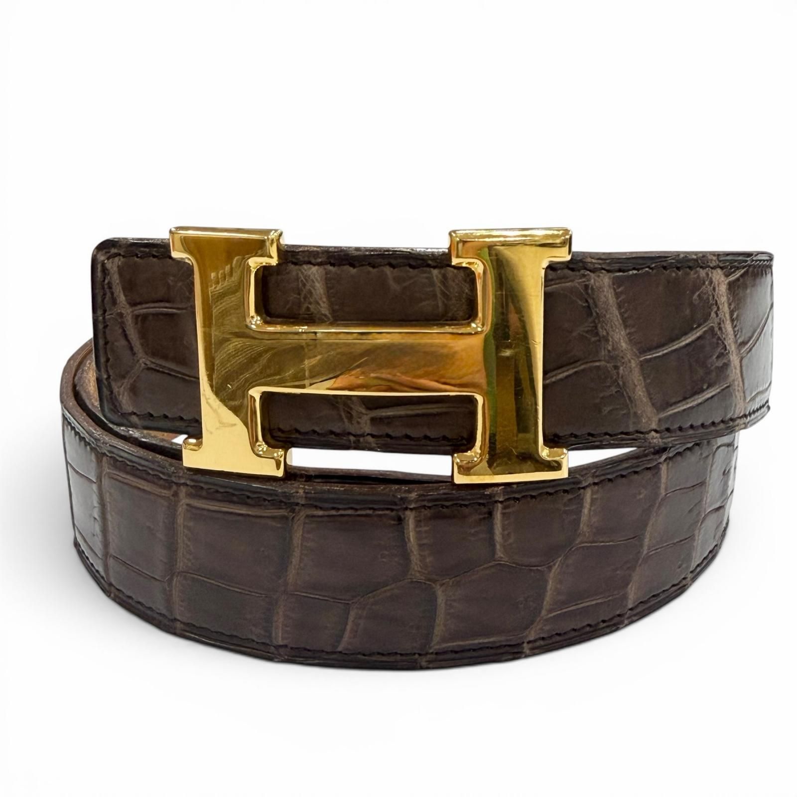 良品▽HERMES エルメス ヴィンテージ ポロサス クロコダイル ゴールド