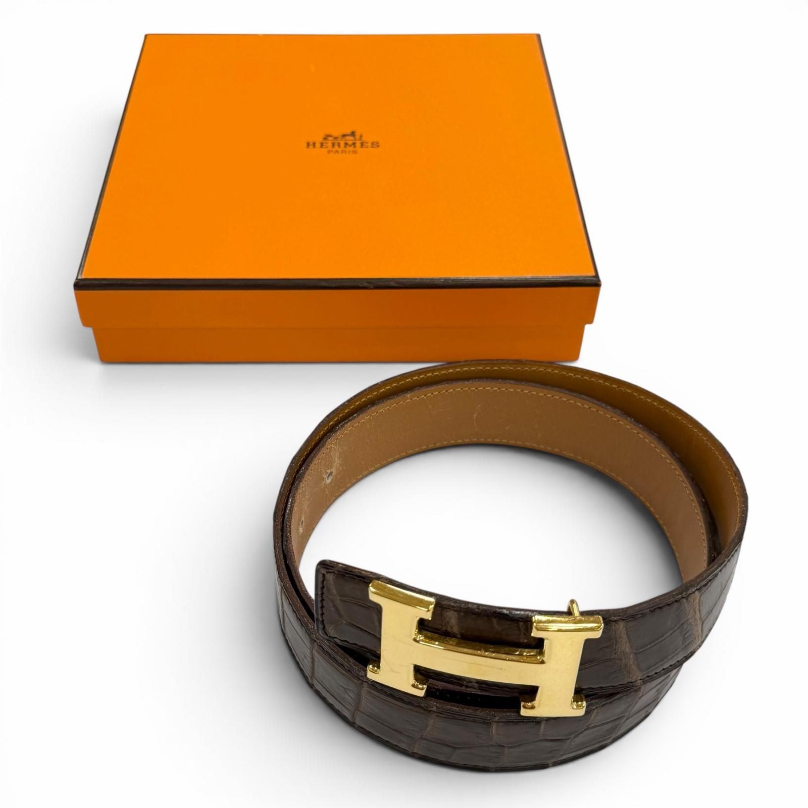 良品▽HERMES エルメス ヴィンテージ ポロサス クロコダイル ゴールド 