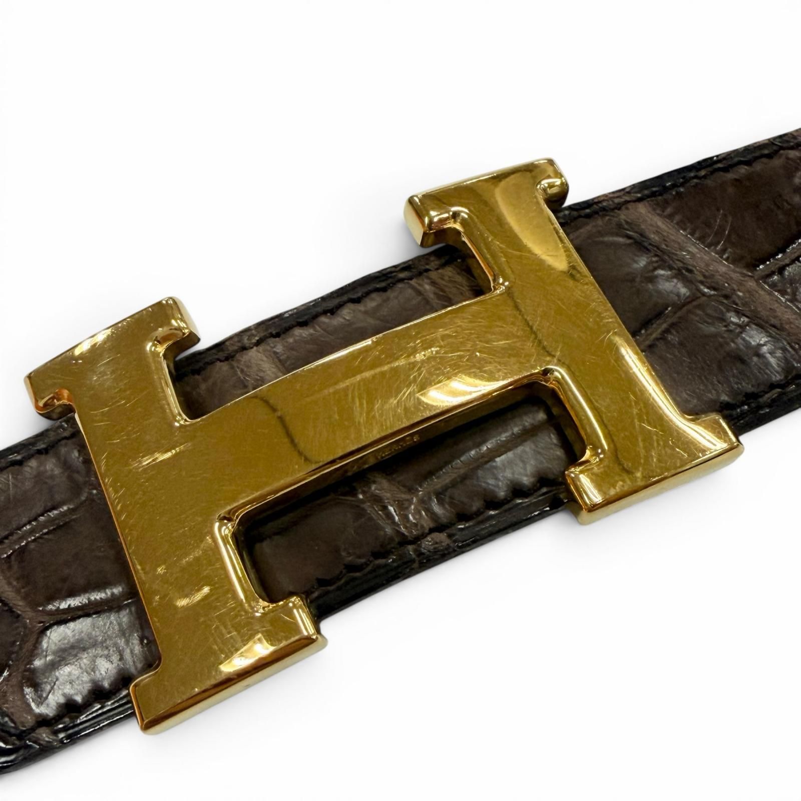 良品▽HERMES エルメス ヴィンテージ ポロサス クロコダイル ゴールド