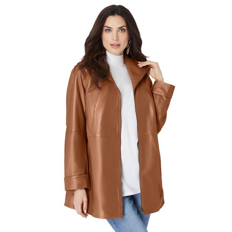 ロアマンズ レディース アウター ジャケット・ブルゾン A ライン プラスサイズ レザー Roamans Womens Plusize ALine Leather Jacket Cognac