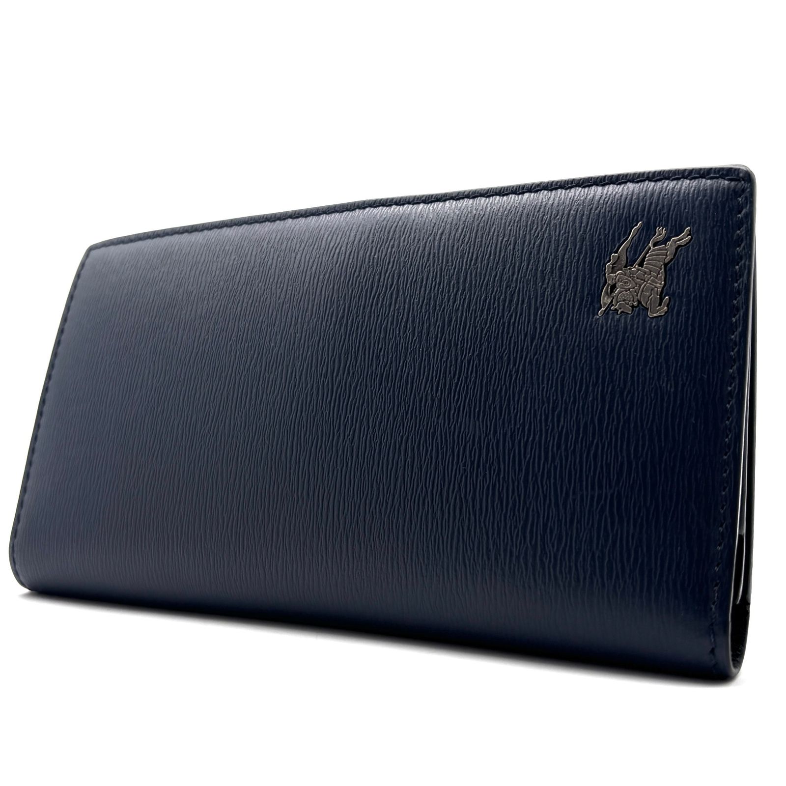 美品 バーバリー BURBERRY 長財布 札入れ 二つ折り ロングウォレット ホースロゴ シャドーホース ネイビー ブラック レザー 本革 ビジネス 薄型 ボーナス 夏休み 帰省 サマーギフト 敬老の日 ご褒美