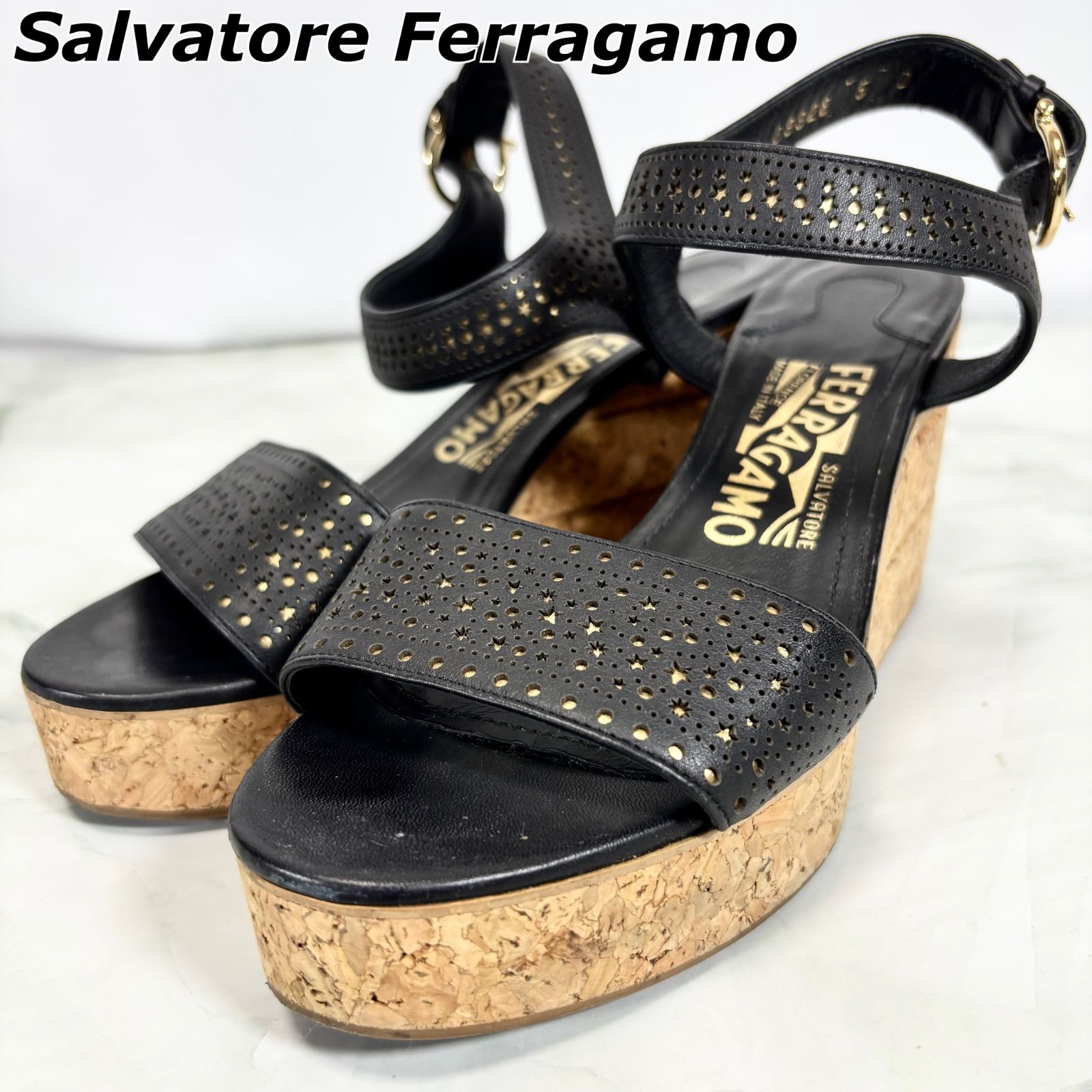【美品】サルヴァトーレフェラガモ Salvatore Ferragamo サンダル ウェッジソール 星 スター 本革 レザー ブラック 黒
