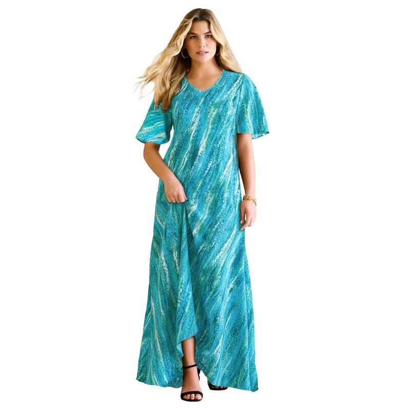 ロアマンズ レディース トップス ワンピース プラスサイズ Roamans Womens Plusize Flutter Sleeve Crinkle Dress Ocean Textured Str