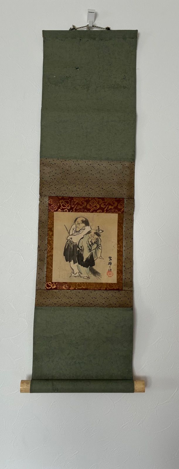 【骨董・茶道具】 掛け軸 碧瞳 筆「寒山拾得図」禅画 茶掛 江戸時代