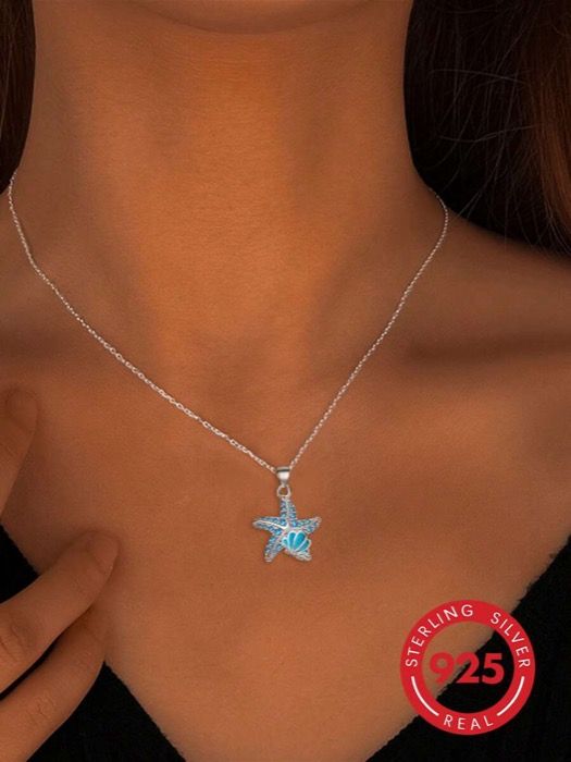 ジュエリー レディース ネックレス ペンダントネックレス 925シルバー スターフィッシュ&シェルネックレス ジルコニア付き、ビーチバケーション向け、友人へのギフトに適しています
