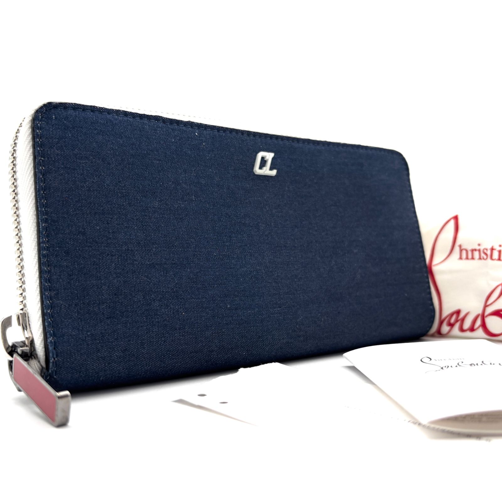 未使用保管品 クリスチャンルブタン Christian Louboutin ラウンドファスナー 長財布 ロングウォレット デニム ネイビー キャンバス レザー 本革 大容量 ボーナス 夏休み 帰省 サマーギフト 敬老の日 ご褒美 プレゼント