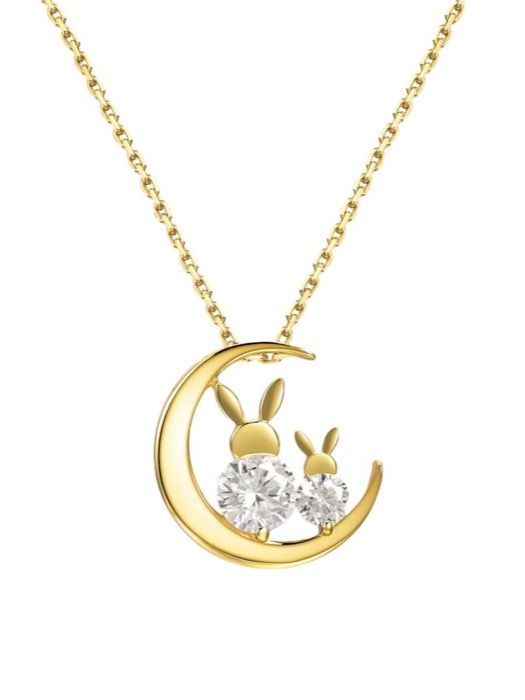 ジュエリー レディース ネックレス ペンダントネックレス 925シルバー ムーンとウサギのネックレス、ペンダント、ゴールド、ラマダンギフト、イードムバラク、デイリーウェア、かわいいジュエリー、ウサギデザイン
