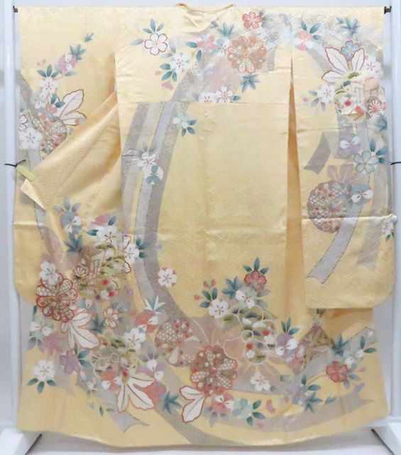 【京松】振袖 金駒刺繍 花 着物 正絹 身丈約162cm 裄丈約65.5cm kyo8z06-1183