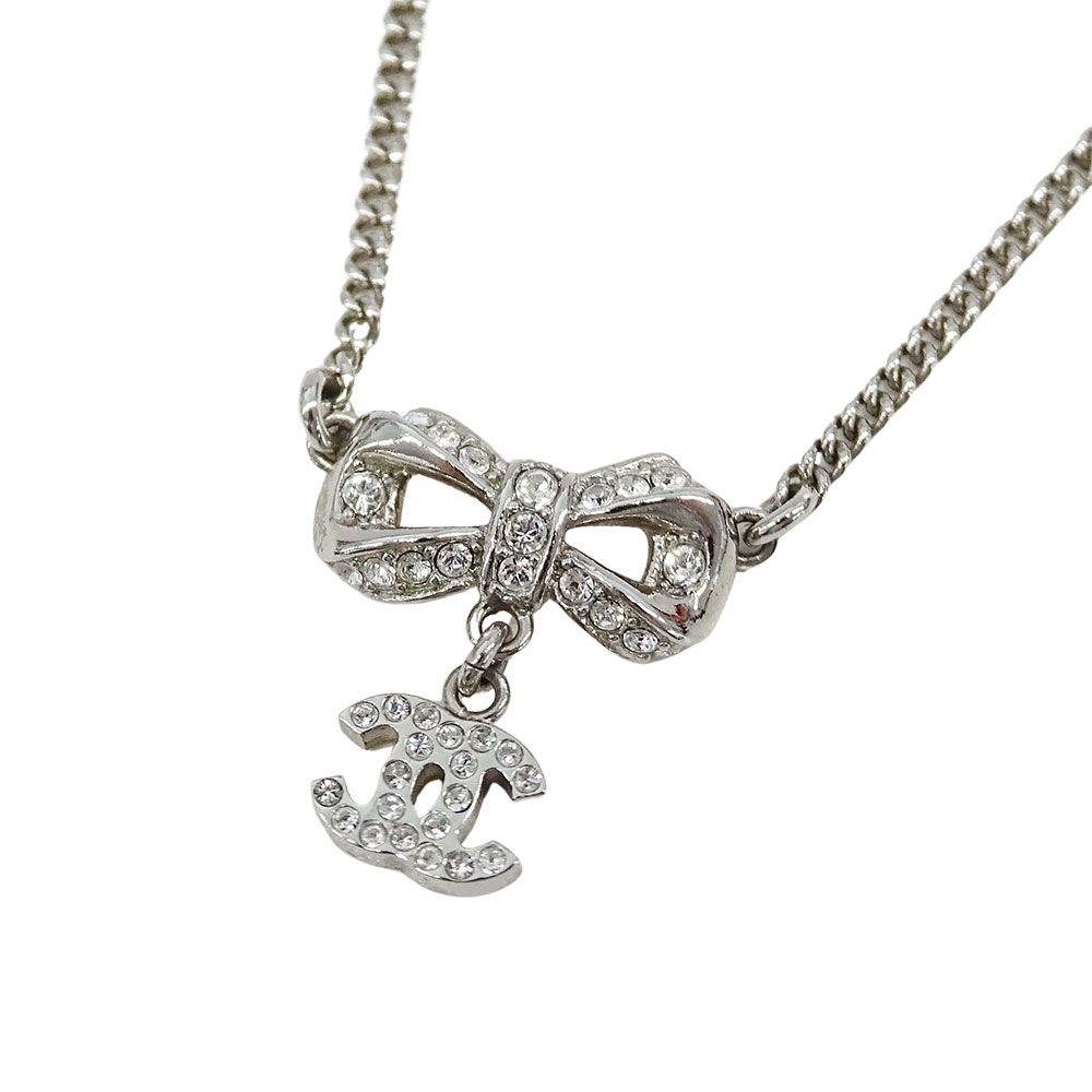 シャネル CHANEL ネックレス レディース ブランド ラインストーン シルバー アクセサリー おしゃれ 可愛い リボン ロゴ 【中古】