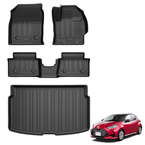 R◆Jiooy トヨタ ヤリス フロアマット+ラゲッジマット フルセット YARIS ラゲッジトレイ 2020年8月-現行 3D立体マット 防水 トランクマット 汚れ防止 TPE カスタムパーツ(トヨタ ヤリス,フロアマット+トランクマット 4点セット)