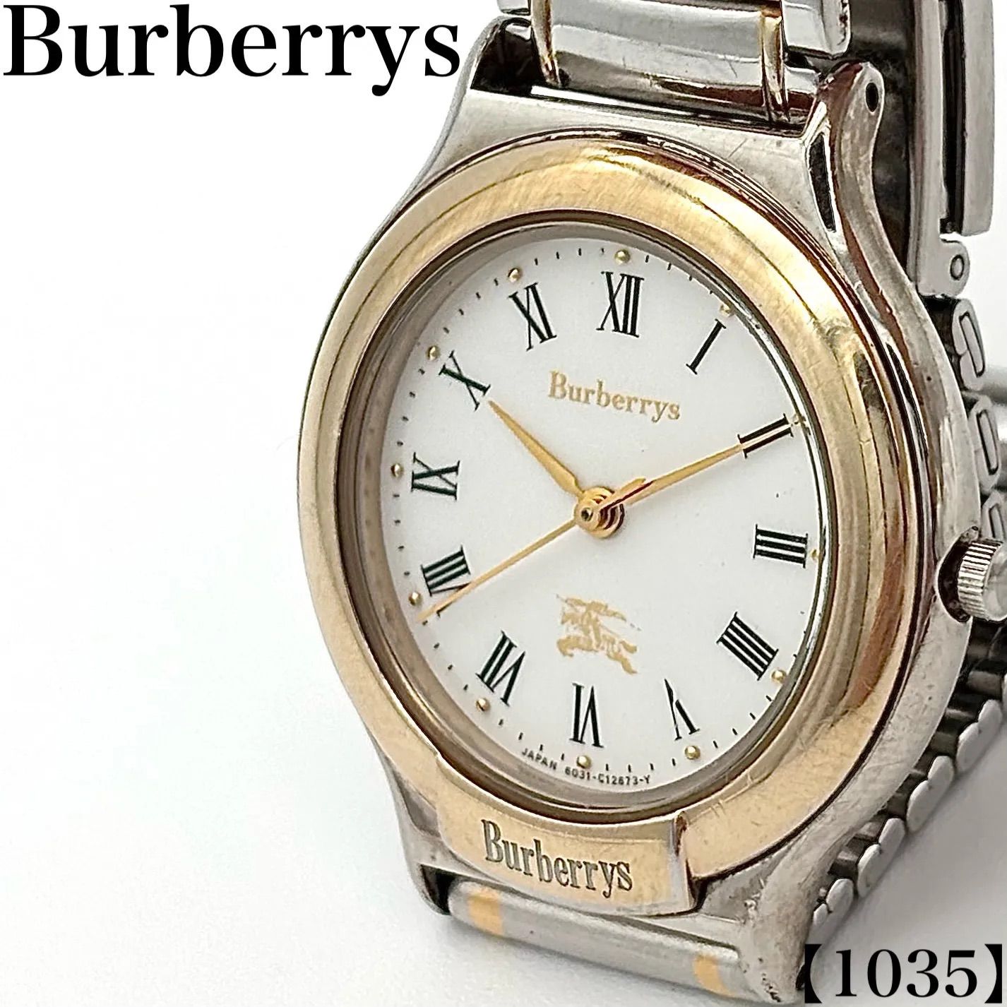 稼働品 Working item バーバリーズ Burberrys 腕時計 メンズ Men's クォーツ Quartz 6031-C12673 白文字盤 コンビ ゴールド ローマンインデックス ホースロゴ 1035