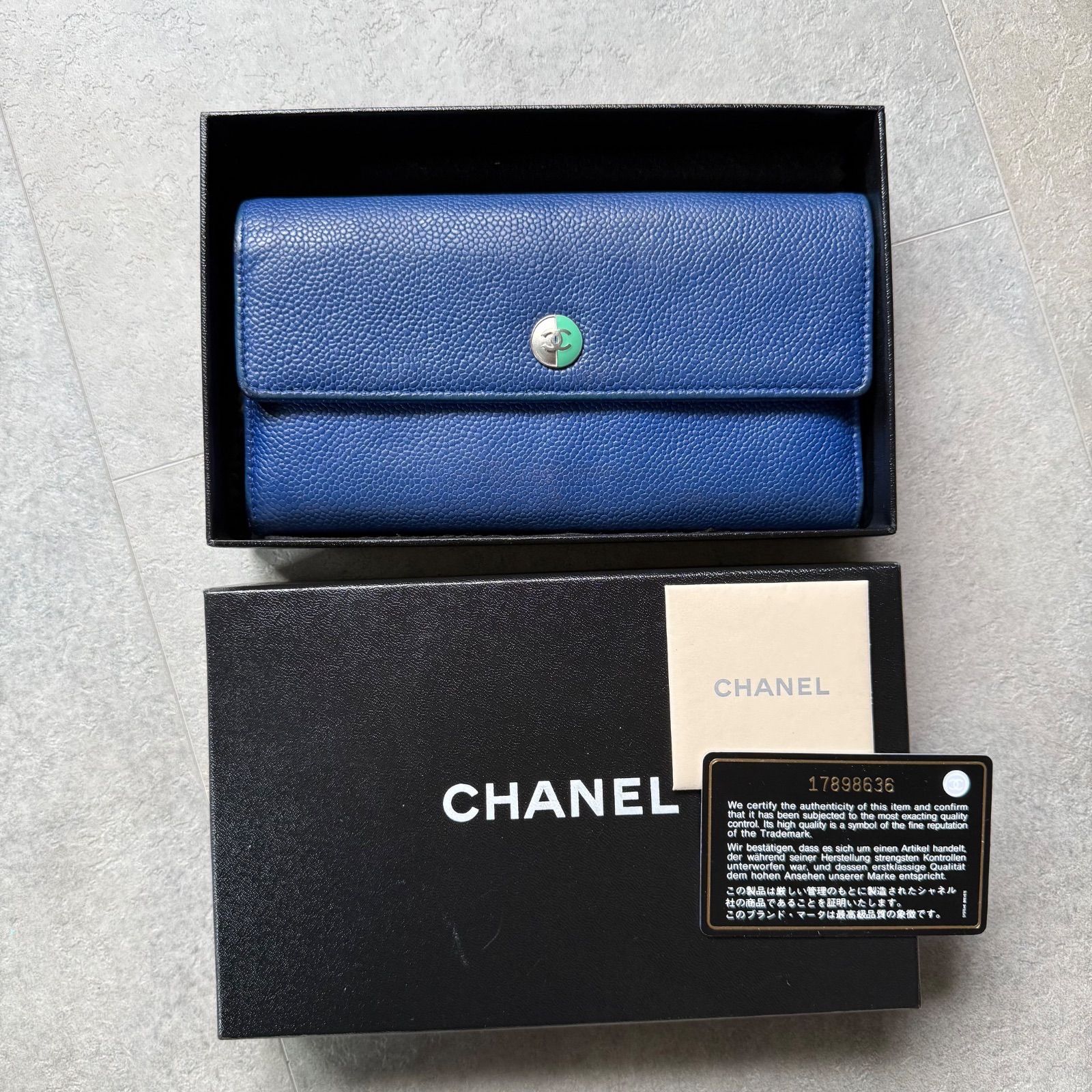シャネル 長財布 ココマーク キャビアスキン ブルー - ラウンド