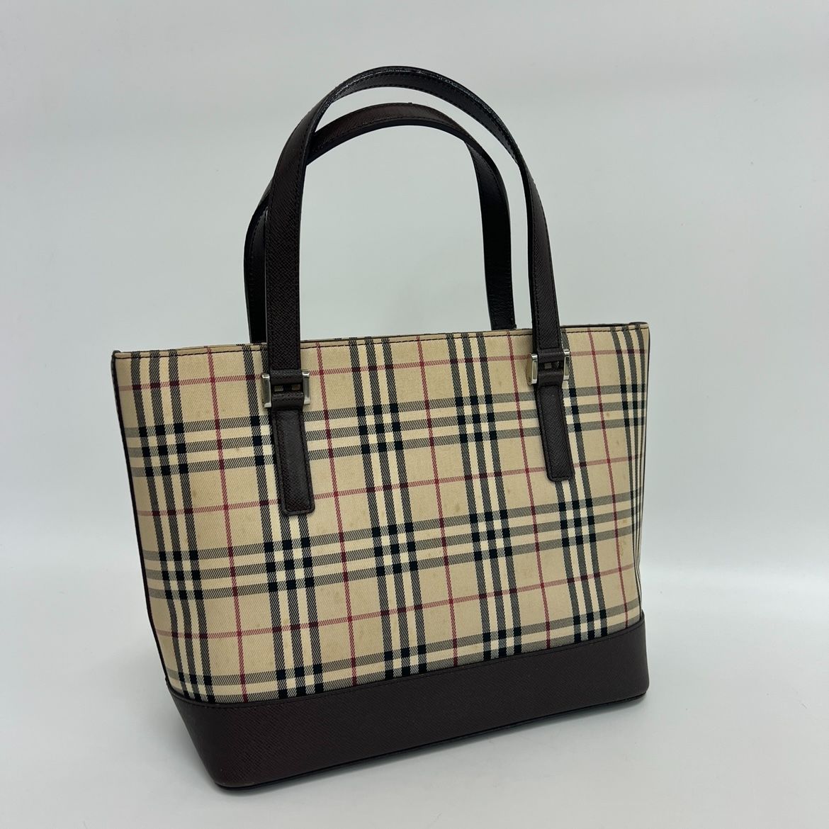 【定番】Burberry バーバリー トートバッグ ハンドバッグ ノバチェック キャンバス レザー ブラウン 茶 シルバー金具 レディース
